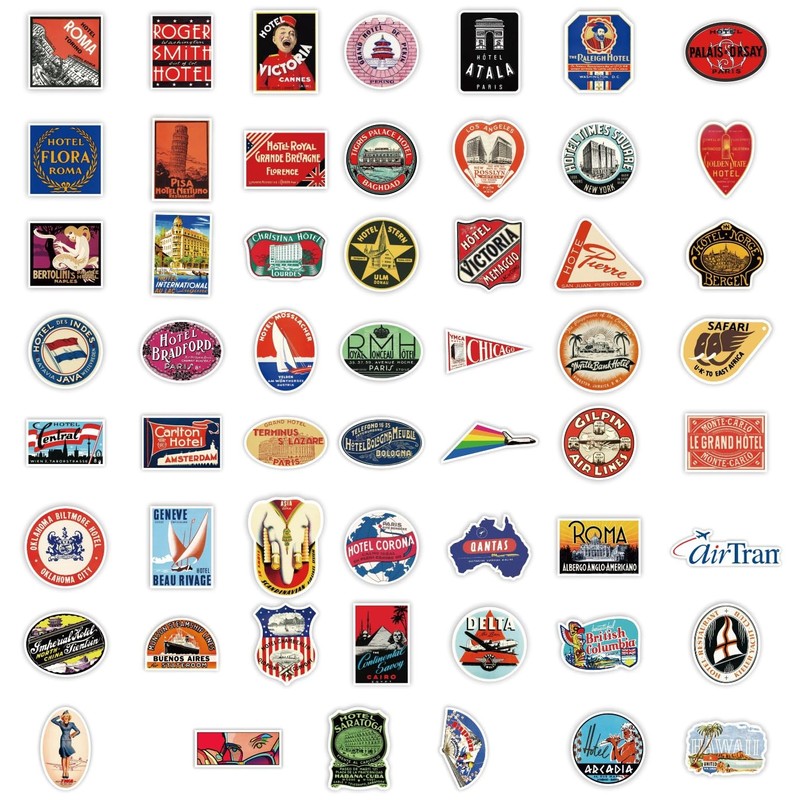 52PCS, Vintage Hotel Label Stickers, Waterproof Retro Travel Decals