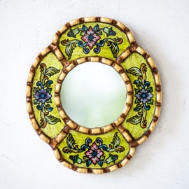 DecorContreras Small Oval Wall Mirror for Home Decor - Handmade Reverse Painted Glass Mirror With Frame Bronze Leaf from Peru