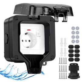 Upgrade Outdoor Socket Waterproof Socket IP66 with Switch Indicator Light, Anthracite Outdoor Socket Surface-Mounted Weatherproof Outdoor Socket Garden Socket Outdoor Lockable Hinged Lid 1 Compartment