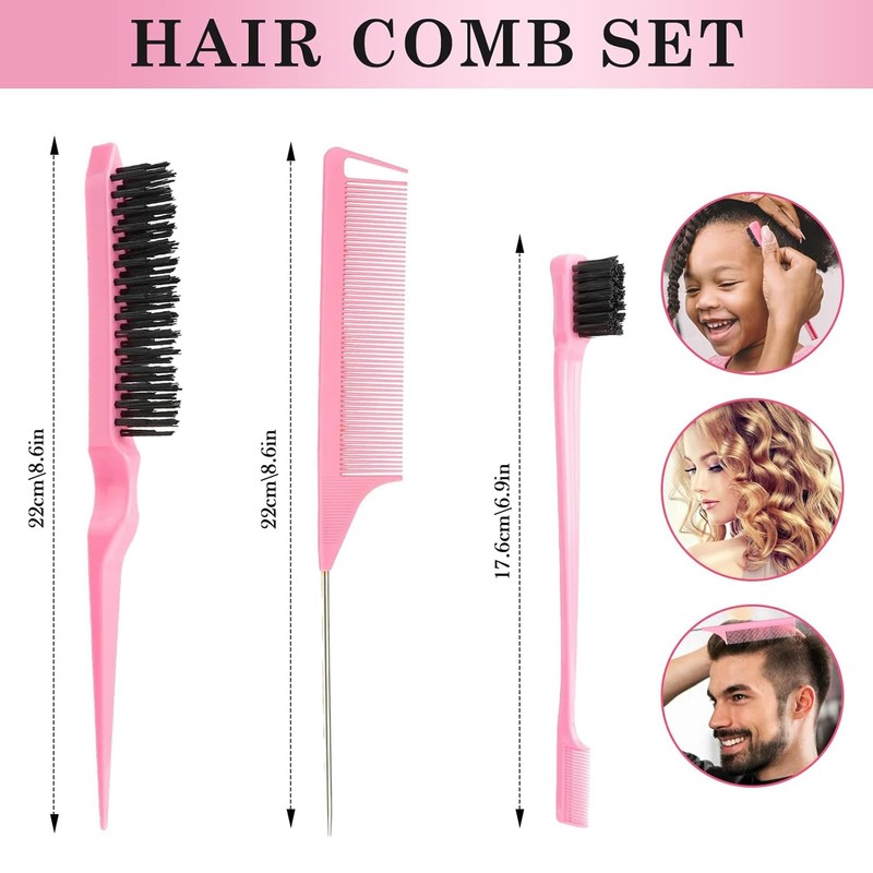 3-teiliges Bürstenset mit glatter Rückseite, Rattenschwanzkamm, Borstenhaarbürste, Teasingkamm, doppelseitiger Kanten-Controller