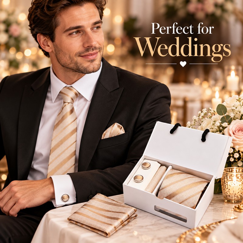 Champagne Gold Striped Silk Tie Gift Set for Men with