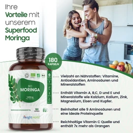 Organic Moringa Capsules - 1650 mg Moringa Oleifera Powder - 180 Vegan Capsules for 2 Months - Organic Certified Superfood - 3 Capsules Daily - Tested Ingredients, No Additives & GMO - WeightWorld