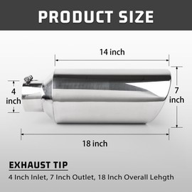 RP Remarkable Power, Exhaust Tip 4" Inlet 7" Outlet 18" Long, Stainless Steel Polished Rolled Edge, 20 Degree Bolt On Universal Tailpipe for Diesel Truck