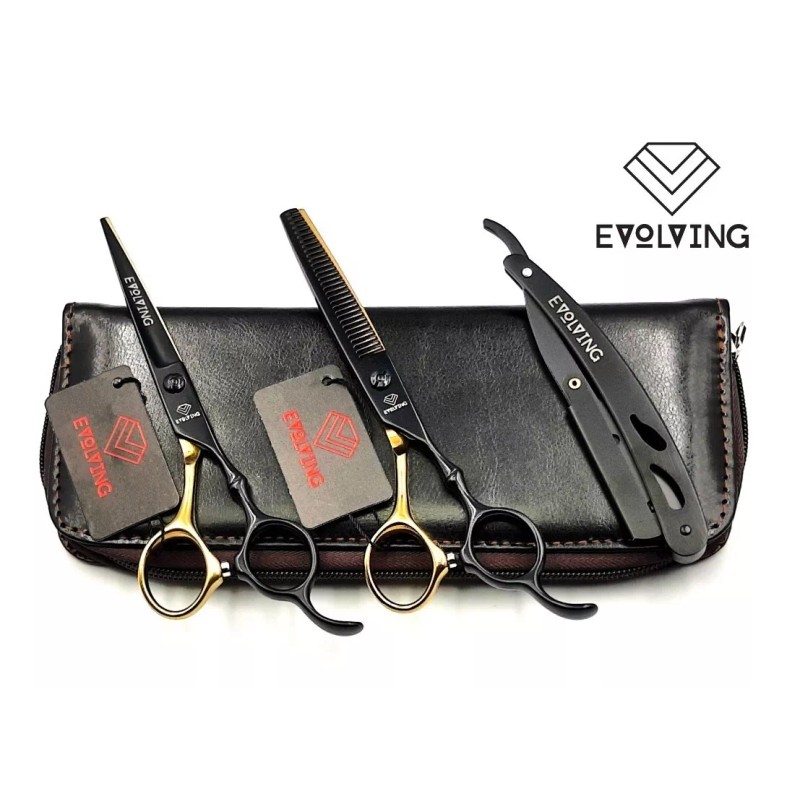EVOLVING Kit Tijeras Profesional Japones Negro-dorado Barberia