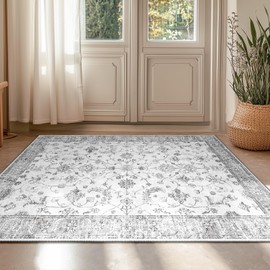 RELEANY Alfombra Floral Tapete de Sala, Lavable Boho Antideslizantes Vintage Tapete, Alfombra Suave Hogar Decoracion para Cocina y Dormitorio, Gris/Blanco(60 x 90 CM)