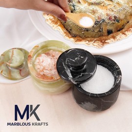 MARBLOUS KRAFTS Marble Salt Cellar 3" Inch Black Zebra & Green Onyx Celtic Salt & Pepper Bowls with Lid For Home & Kitchen, Ideal Sugar & Coffee Storage Container