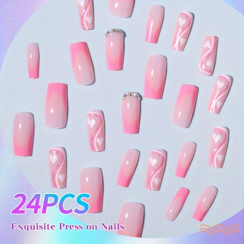 Pink Press on Nails French Tip Fake Nails with Designs