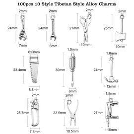DanLingJewelry 100Pcs 10 Styles Tool Charms Saw Wrench Pliers Screwdriver Hammer Scissors Charms for Jewelry Making Crafting