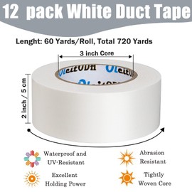 12 Pack White Duct Tape Bulk 2 inch Duct Tape Heavy Duty 60 Yards Each,Strong No Residue All-Weather Duct Tape, Tear by Hand, Multi-Use for Indoor & Outdoor Repairs, Industrial, Professional Use