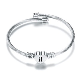 SBI Jewelry Initial Letter Bangle Bracelet R Pendant Heart Cuff Silver Bracelet Women Mom Daughter Sister Grandma Niece Cousin Family BFF Anniversary Mothers Day Birthday