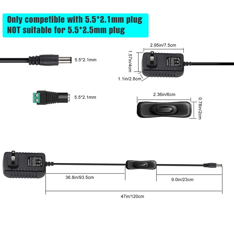 12V Power Supply with Switch for 12V LED Light Bar,