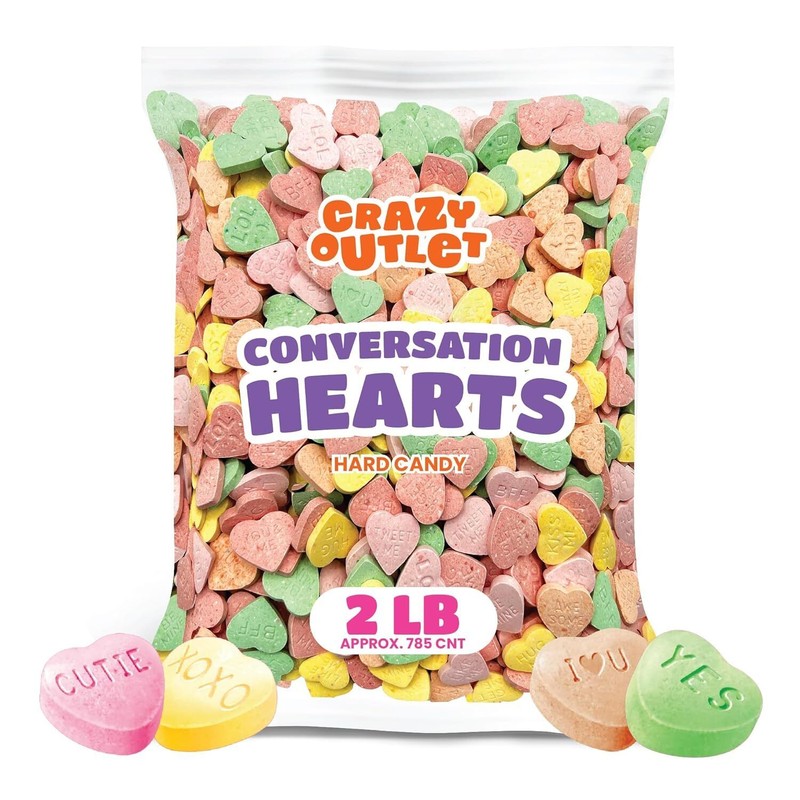 CrazyOutlet Conversation Hearts Hard Candy, Bulk Pack 2 Pounds, Fruity