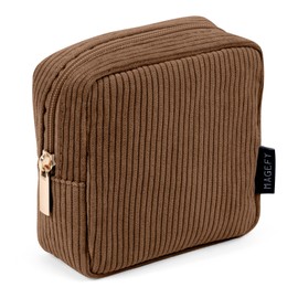 MAGEFY Small Makeup Bag for Purse Mini Cosmetics Bag Corduroy Cute Cosmetic Pouch for Women with Slip-in Pockets (Brown)