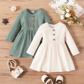 PATPAT Baby Girls Dress Infant Crewneck Solid Rib Knit Skirt Dress Fall Dress Long-Sleeve Dress 6-9 Months