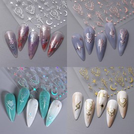 6 Sheets Gold Stars Nails Stickers Silver 3D Self-Adhesive Nail Decals Gradient Heart Moon Nails Art Stickers for DIY Acrylic Nails for Women and Girl Nail Decorations Nail Art Supplies