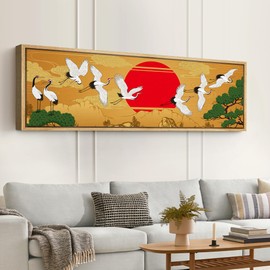 SIGNFORD Large Framed Canvas Print Wall Art Crane Sunset Traditional Japanese Style Illustrations Modern Art Calm Warm for Living Room, Bedroom, Office - 60"x20"