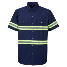 Ousafeve Class 3 Navy Hi Vis Button Up Safety Work Shirts for Men Reflective (Large, Navy_Short)