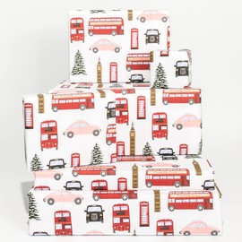 Christmas Wrapping Paper - (x6) Sheets of London Gift Wrap - Xmas - Red White Snow - Buses and Cars - Festive Design by Central 23