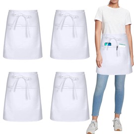 umboom Pack of 4 Vorbinder Apron, White Kitchen Apron with 3 Pockets, Short Chef Aprons, Waiter's Apron, BBQ Apron, Barista Apron, Waist Apron for Men and Women (White - Polycotton)