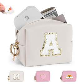 Playexen Mini Makeup Bag, Small Cosmetic Bag for Purse with Self Adhesive Letter Patches, Portable Travel Makeup Pouch for Girls Women Daily Use (Letter-A)