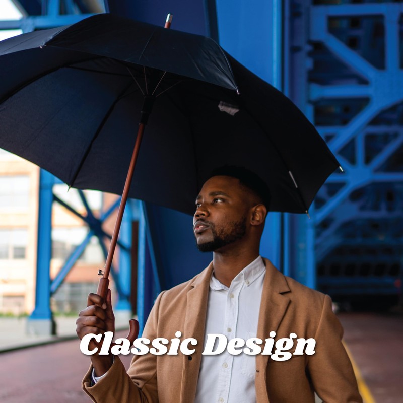 totes Auto Open Wooden Handle J Stick Umbrella, Black