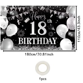18th Birthday Banner Black Silver, Birthday Banner 18, 18th Birthday Boys, 18th Birthday Background Banner, 18 Years Birthday Banner for 18 Party Decoration Boys Girls