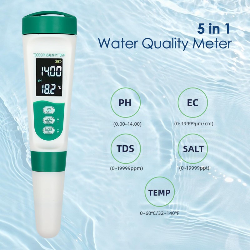 Cuteefun pH Value Meter, 5-in-1 Water Tester with VA Backlight,