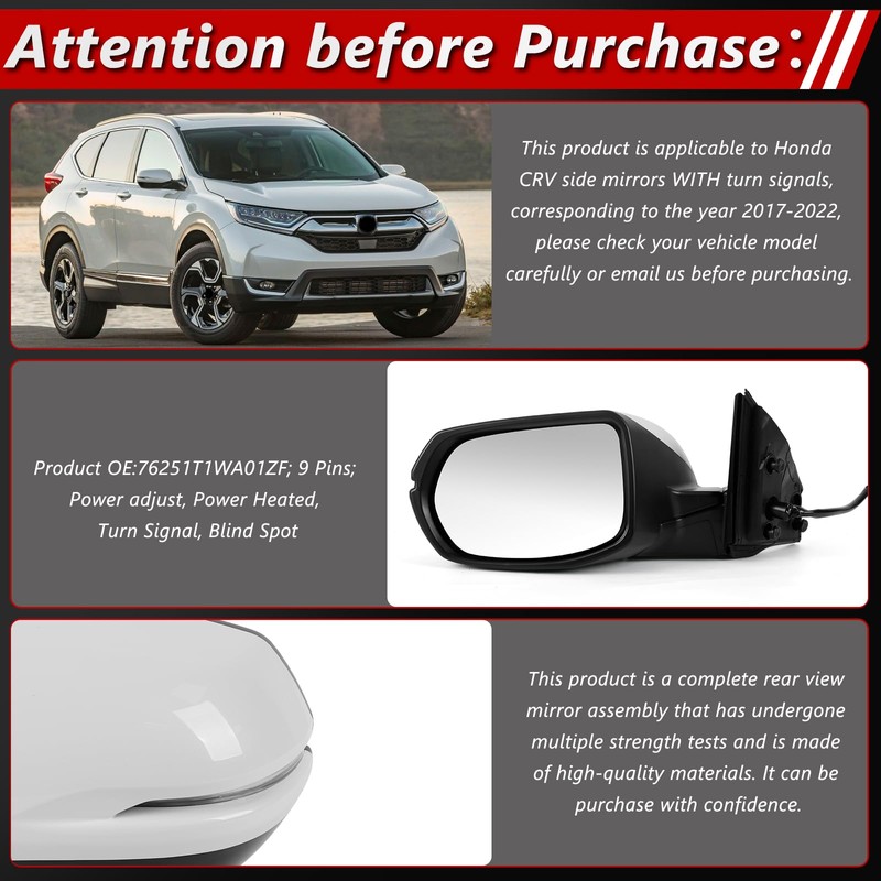 Left Driver Side Door Mirror Assembly Replace for 2017-2022 Honda