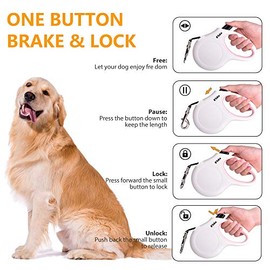 Fida Correa retráctil para perros de raza pequeña de hasta 11,8 kg, con dispensador y bolsas para cacas, asa antideslizante, cinta reflectante de nailon fuerte, freno con una mano (S, blanco y rosa)