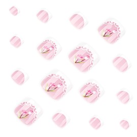 24pcs French Tip Press on Toenails Short Square Summer Pink Flower Fake Toe Nails Cute Floral False Toenails White Acrylic Toe Nail Tips Glue on Nails Full Cover Stick on Toenails for Women