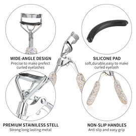 Bling Rhinestone Eyelash Curlers Stainless Steel Natural and Long Lasting Eyelash Fit for All Eye Shape Curved Lash Curler (AB Color)