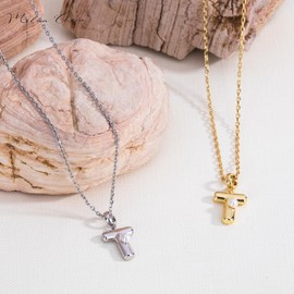 Milan Chiva Bubble Initial Letter Necklaces for Women 14K Gold Plated Puffy Tiny Letter T Necklace Pendant Dainty Adjustable Chain Trendy Choker Jewelry MNS-1028SL