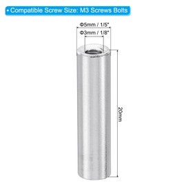 PATIKIL 6 Pieces M3 Aluminium Spacer, M3 Metal Spacer Aluminium 3mm ID x 5mm OD x 20mm L Thread Spacer Screw Support Pillar Bolt Female Round, Silver