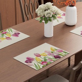 BOTB LIHM Pink Yellow Tulip Flowers Spring Summer Seasons Placemats Set of 8 Cloth Table Mats 12 x 18 Inch Party Home Dining Decor Table Decorations