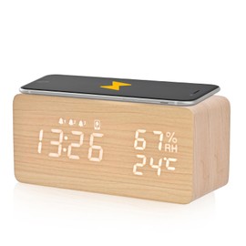 Electime Alarm Clock, Table Clock, Smartphone Charging, Digital, Multi-functional, Woodgrain, Tabletop, Qi Wireless Charger, Temperature/Humidity/Alarm, Automatic Brightness Adjustment, Automatic
