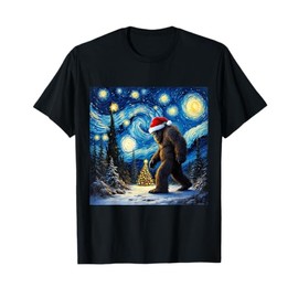 Christmas Bigfoot Santa Hat Van Gogh Starry Night Holiday T-Shirt