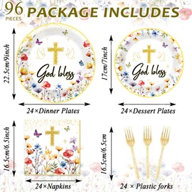 96PCS God Bless Baptism Party Plates And Napkins, Wildflower Christening Baby Shower Decorations for Gold Cross White Dove Floral Party Dessert Plates, First Holy Communion Tableware Decor, Serves 24