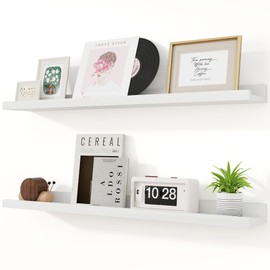 RICHFOCUS Picture Ledge Shelf, 36 inch Solid Wood Floating Shelves with Lip for Wall Storage, Nursery Book Shelves for Living Room Bathroom Bedroom Kitchen, Set of 2, Washed White