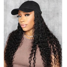 RHEANNA Baseball Cap Wig Human Hair Crochet Boho Box Braids Hair Extensions with Hat Bohemian with Human Hair Curly Ends