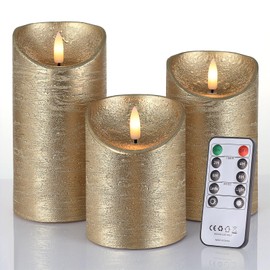 Flickering Flameless Candles with Timer, 3D Wick LED Candles with Remote, Set of 3 Real Wax Battery Operated Candles, Battery Operated Candles for Party Holiday Wedding Christmas Fall Decor, Gold