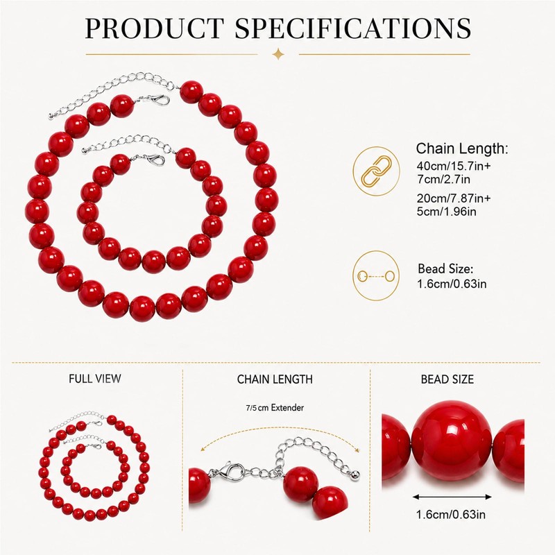 Zxcog Chunky Red Beaded Necklace for Women Adjustable 16MM Red