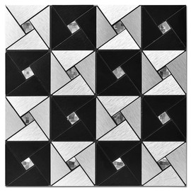 Art3d 10-Sheet Peel and Stick Backsplash Metal Mosaic Tiles for Kitchen Wall Decor, Stick on Aluminum Composite Tiles Stikers, Black&Silver Windmill Puzzle Glass Mixed