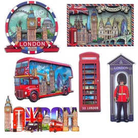 London Wooden Magnets - Set of 6 London Souvenirs Wood Fridge Magnets - Union Jack England Famous Icons Pictures Wooden Fridge Magnet - British Souvenirs Magnet