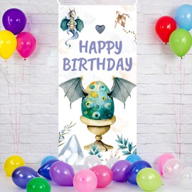 Hatching Soon Dragon Birthday Banner Backdrop Watercolor Flying Magic Dragon Egg Theme Door Decor for Boy Girl Newborn Baby Shower Party Birthday Party Favors Decorations Supplies 35.4x72.8in-BECKTEN