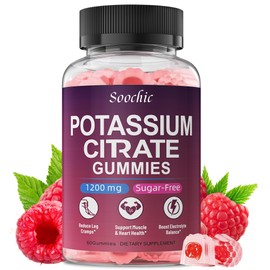 Soochic Potassium Citrate Gummies - 1200mg Chewable Potassium Supplement for Men & Women - Supports Leg Cramps & Muscle Health - Vegan, Gluten Free, Sugar Free - Raspberry Flavor (60 Count)