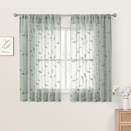HOMEIDEAS Sage Green Sheer Curtains 52 x 54 Inch Length 2 Panels Embroidered Leaf Pattern Short Curtains for Bedroom Half/Small Window Rod Pocket Kitchen Curtains
