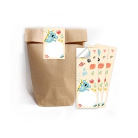 12 Gift Bags (Natural) + 12 Stickers Koala for Party Bags Guest Gift for Children's Birthday Girls Boys