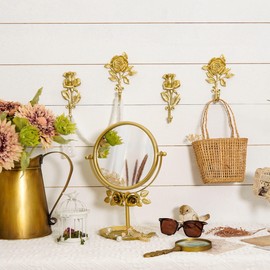 SOFFEE DESIGN 2pcs Golden Single Hooks 3D Flower Retro Ornate Style for Room Wall Mounted Decoration, Coat Hat Scarf Hanging Entry Heavy Duty Hooks, Home Decor