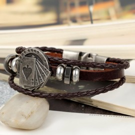 Flongo Men's Leather Bracelet, Men's Chain, Men's Pendant Necklace with Ace of Spades Playing Card, Royal Flush Poker Cards, Black / Brown, Stainless Steel