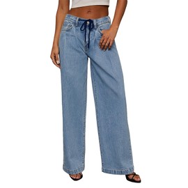 Sidefeel Women's Wide Leg Jeans High Waisted Stretchy Baggy Drawstring Palazzo Denim Pants Size 8 Sky Blue